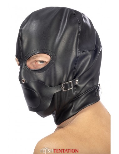 Cagoule BDSM simili cuir avec baillon...