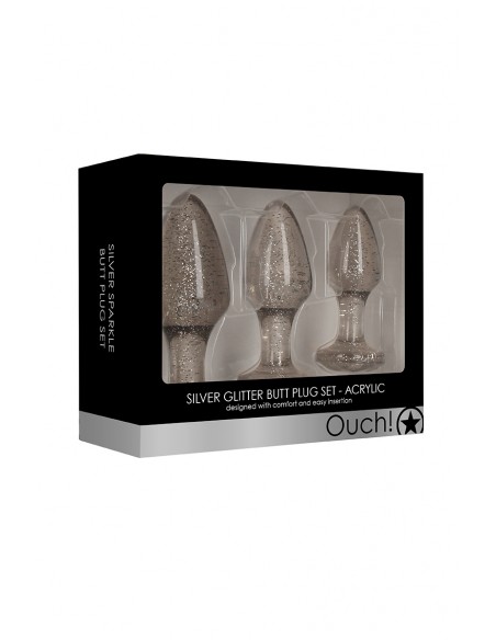 Set aus 3 silberfarbenen Acryl-Plugs mit Pailletten – Autsch!